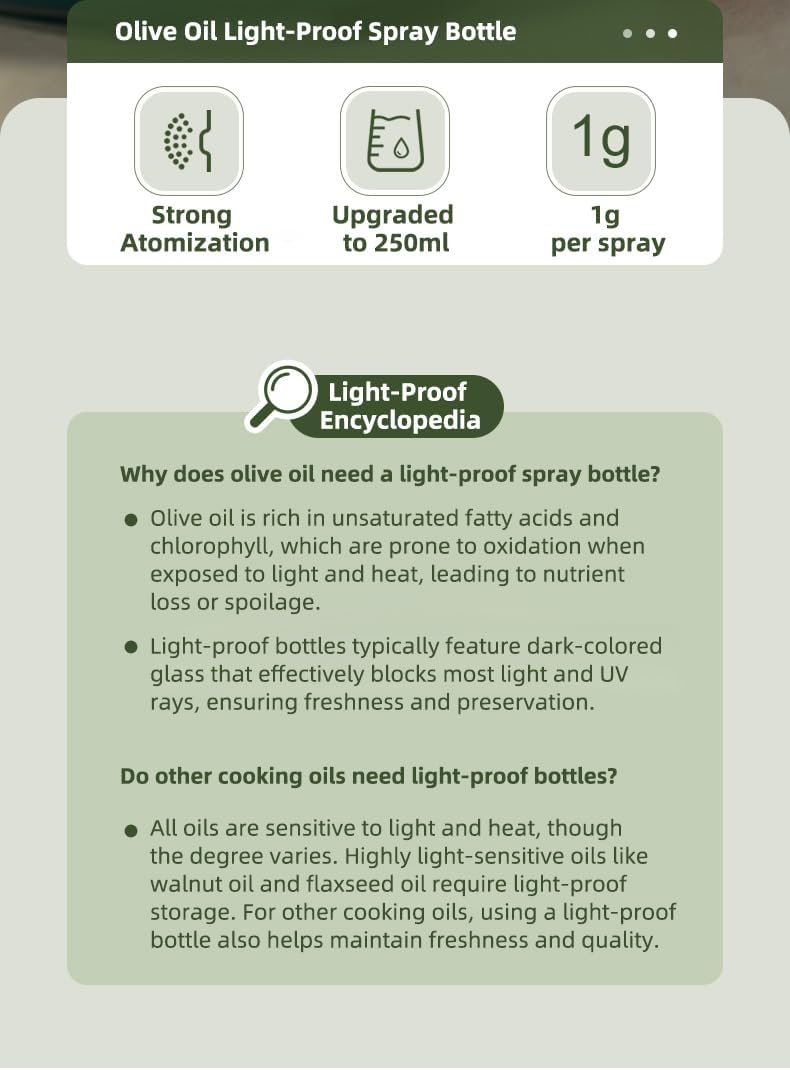 Light-Proof Glass Oil Sprayer For Cooking Air Fryer Salad BBQ,250ml Olive Oil (1)