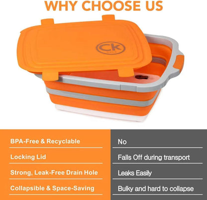 New Extra LARGE Collapsible BBQ Prep Tub with LOCKING LID & Meat Resting Bag - BPA Free Cutting Board with Lid, Leak Free, Strong Drain Hole for Meal Prep, Marinating, Grilling & Food Storage (Orange)