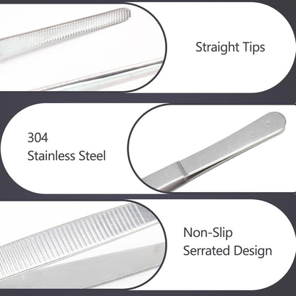 4Pcs 304 Stainless Steel Tweezer Set, 7" 8" 10" 12" Long Tweezers with Precision Serrated Straight Tips, Non-slip Kitchen Tweezers for Cooking Baking Crafts Tank Aquarium Terrarium