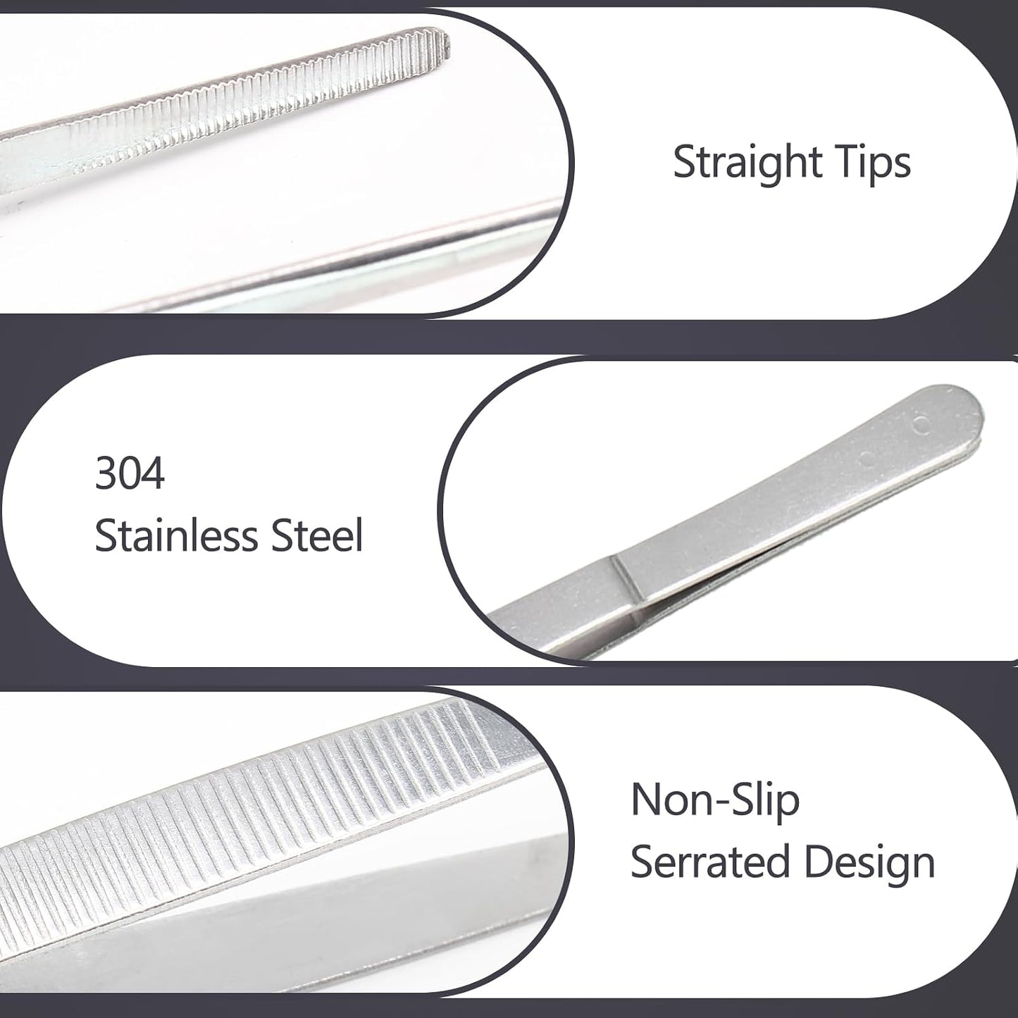 4Pcs 304 SS Tweezers Set 7-12 Inch Serrated Straight Tips | Ergonomic Non-Slip Handle, Thickened Sturdy Build, Blunt Rounded Tips, for Cooking Baking Crafts Aquarium Terrarium