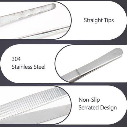 4Pcs 304 SS Tweezers Set 7-12 Inch Serrated Straight Tips | Ergonomic Non-Slip Handle, Thickened Sturdy Build, Blunt Rounded Tips, for Cooking Baking Crafts Aquarium Terrarium