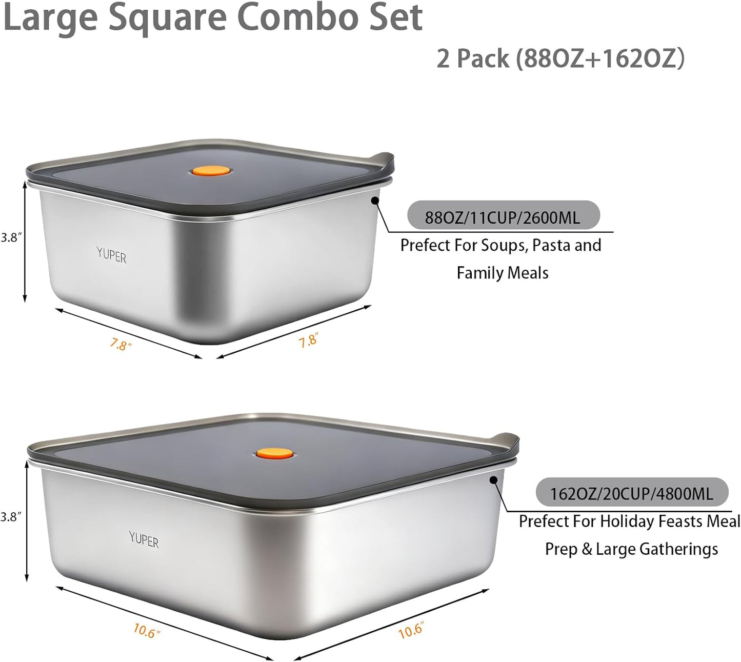 YUPER Stainless Steel Food Storage Containers, Large Meal Prep Container Sets with Lids, BPA Free, Leak Proof & Airtight, Microwave, Dishwasher, Fridge, Freezer & Oven Safe, 3 Pack (84+125+162OZ)