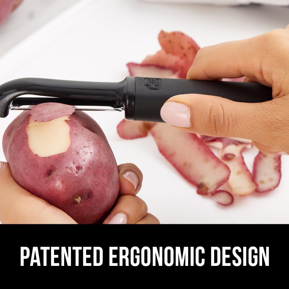 GORILLA GRIP® Patented BPA-Free Vegetable Peeler, Extra Sharp Swivel Stainless Steel Blades with Guard, Comfortable Soft Handle, Easily Peel Carrots or Fruit, Potato Eye Remover, Washer Safe, Black