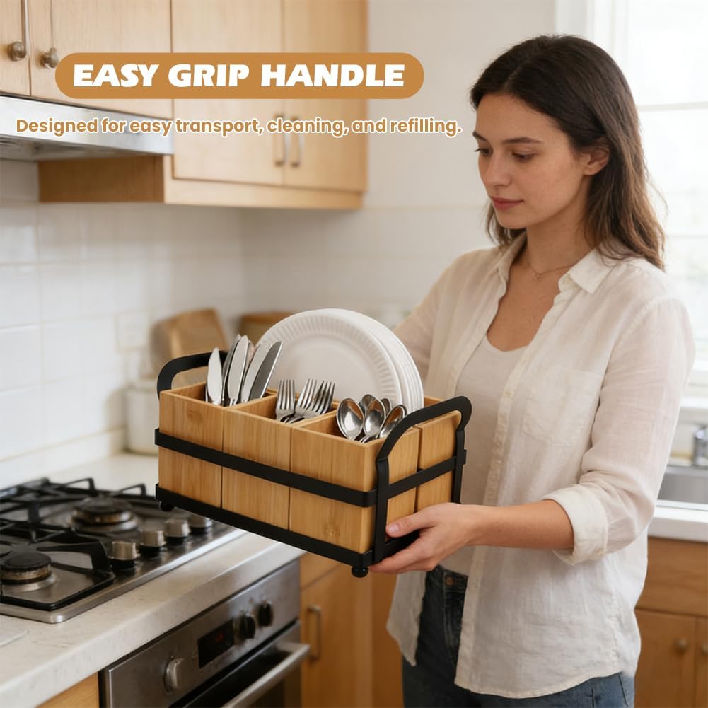 Silverware Caddy for Party, Wood Utensil Holder with 4 Compartments Paper Plate Dispenser for Kitchen Countertop Organizing Paper Plate, Fork, Spoon, Napkin