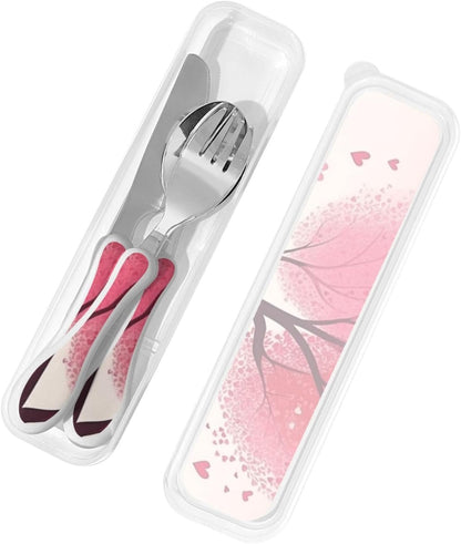 3-Piece Kids Silverware Set With Storage Case, Stainless Steel Reusable Children Safe Knife Spoon Fork Set Valentine'S Day Romantic Heart Trees Bicycle Children Flatware Set For Kids Lunch Box