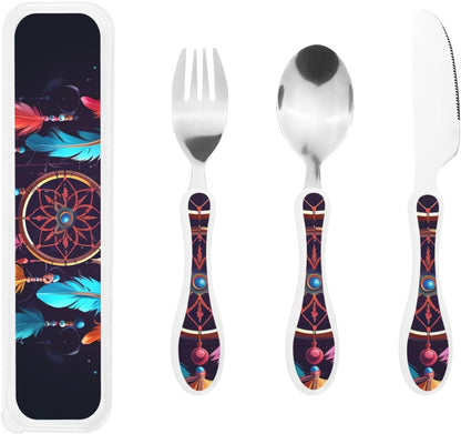 3-Piece Kids Silverware Set With Storage Case, Stainless Steel Reusable Children Safe Knife Spoon Fork Set Colorful Abstract Dragonfly Children Flatware Set For Kids Lunch Box