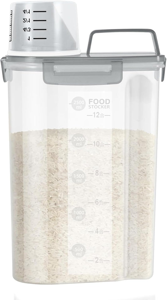 LEAWALK Airtight Rice Storage Container, 3-5Lbs Cereal Dry Food Flour Bin, Pet Dog Cat Food Dispenser with Measuring Cup, BPA Free Plastic Kitchen and Pantry Organization Bin for Sugar-Clear Grey