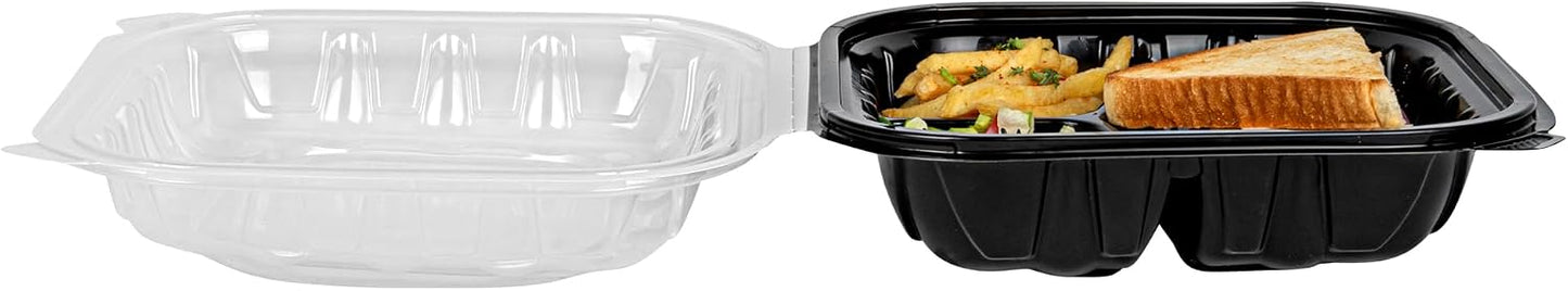 Thermo Tek 40 Ounce Clamshell Containers, 50 Disposable Take Out Boxes - 3 Compartments, Ventilated Lids, Black Plastic Meal Prep Containers, Microwavable, For Pasta Or Salads - Restaurantware