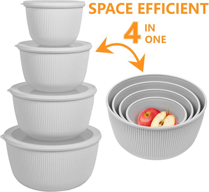 BoxedHome Plastic Mixing Bowls with Lids Set,4.97QT Large Capacity Deep Nesting Bowl,8 Pieces Set BPA-Free Prep Bowls,Dishwasher & Microwave Safe,Beige