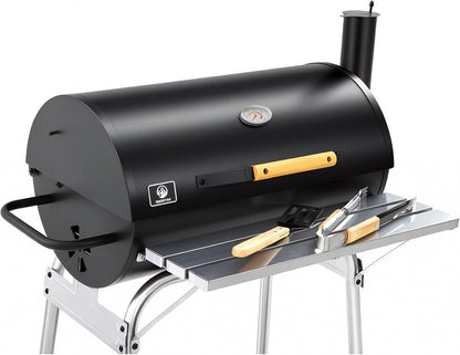 Barrel Charcoal Grill, Outdoor BBQ Smoker, 737 Sq. In. Cooking Area, Adjustable Charcoal Pan, Warming Rack, Front & Side Table, Storage Shelf, Enameled Steel Wire, Backyard, Patio (Large)