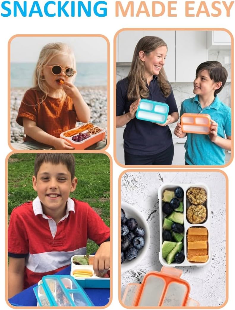 Small Snack Containers for Kids Toddlers - 3 Compartments (Set of 2) - Leak-Proof Reusable Boxes with Lids - BPA-Free Plastic Mini Bento Lunch Box - Holds 2 Cups Capacity (Pastel Blue+Teal Sparkle)