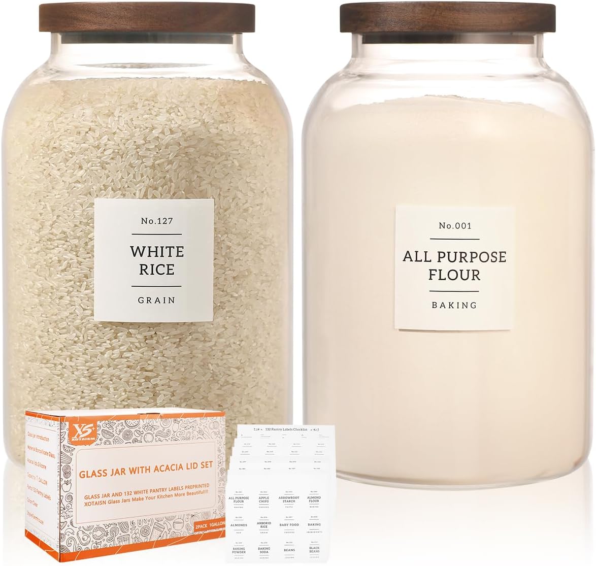 2 Pack Large Glass Flour and Sugar Storage Containers with Airtight Acacia Wood Lids and 132 Kitchen Pantey Labels Preprint - 1 Gallon Borosilicate Glass Canister Sets for Food,Pasta,Cookie,Rice