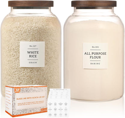 2 Pack Large Glass Flour and Sugar Storage Containers with Airtight Acacia Wood Lids and 132 Kitchen Pantey Labels Preprint - 1 Gallon Borosilicate Glass Canister Sets for Food,Pasta,Cookie,Rice
