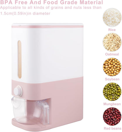 Rubtlamp 22.5-25 Lbs Pink Rice Dispenser, Rice Storage Container, Pink Rice Storage Container with Measuring Cup, Rice Holder Bucket for Household Kitchen Rice Soybean Corn