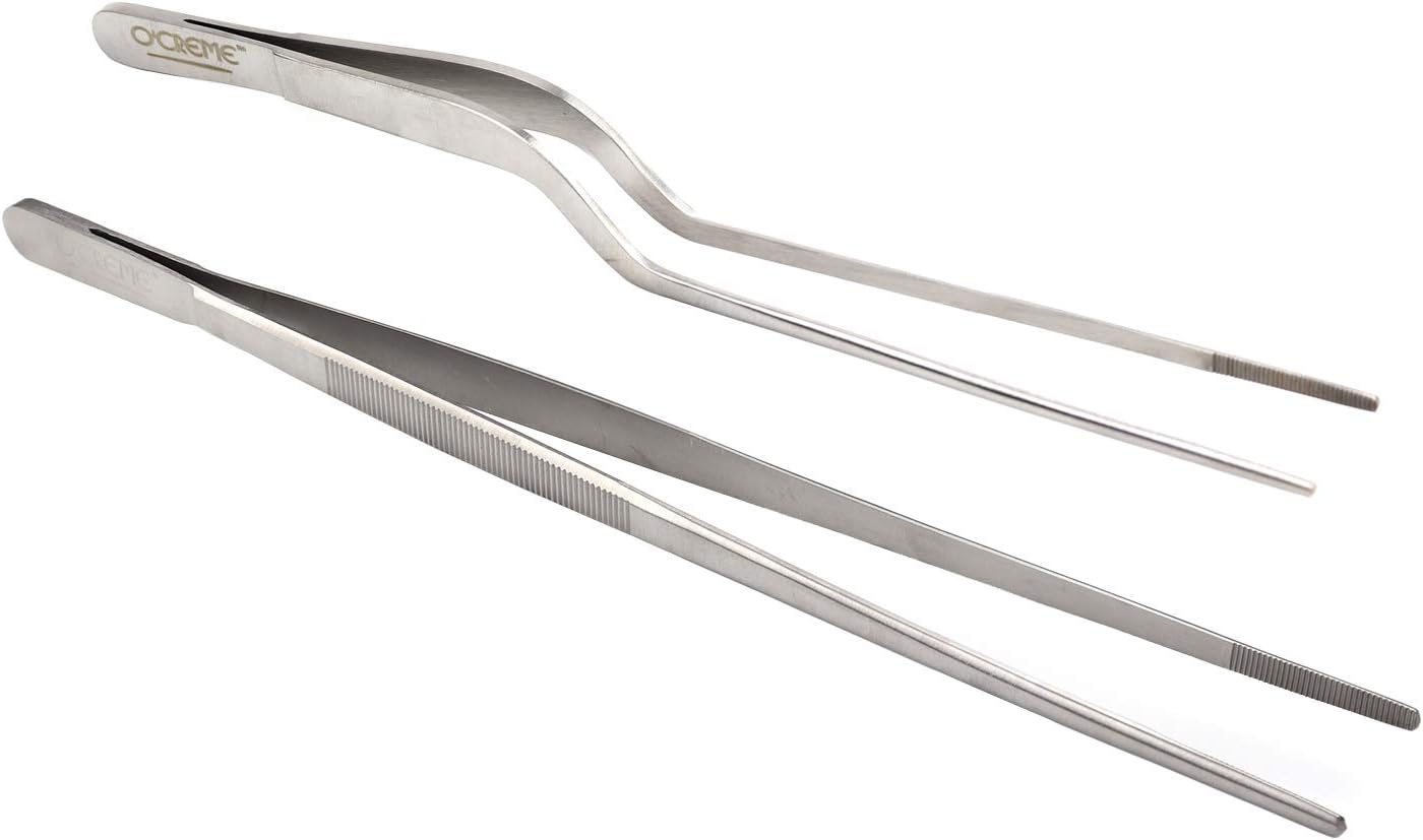 O'Creme Culinary Stainless Steel Tweezer Tongs Set of 2 - One 10 Inch Straight and One 8 Inch Offset Gold Color