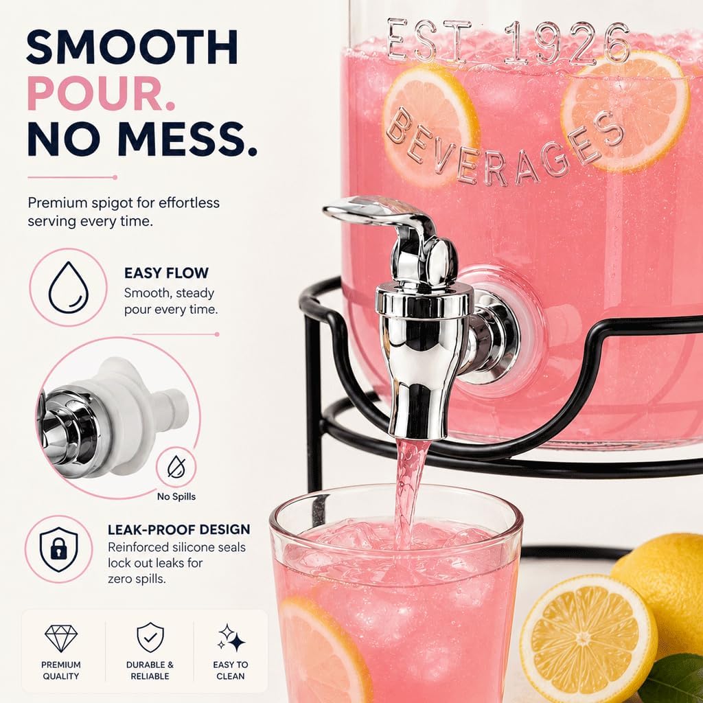 Estilo Gallon Drink Dispenser with Stand - Glass Beverage Dispenser with Stand for Weddings - Sun Tea Jar with Spigot 1 Gallon - Countertop Glass Water Dispenser for Lemonade and Parties