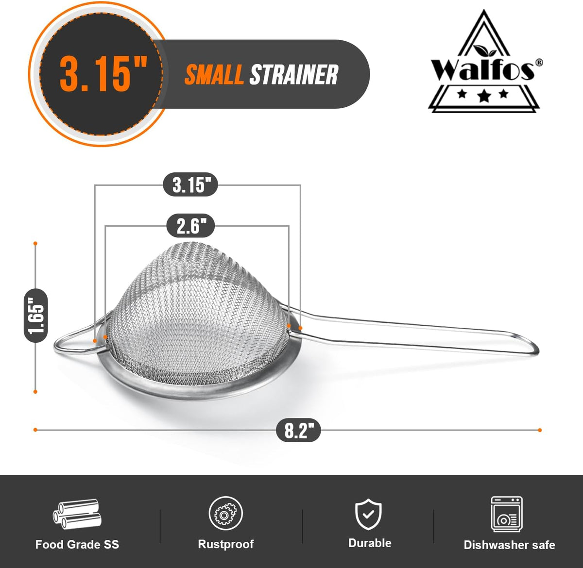Walfos 6.3 Inch Fine Mesh Strainer, Premium Stainless Steel Sieve and Sifter with Handle, Kitchen Metal Strainers for Rice, Quinoa, Fruits, Noodles, Flour