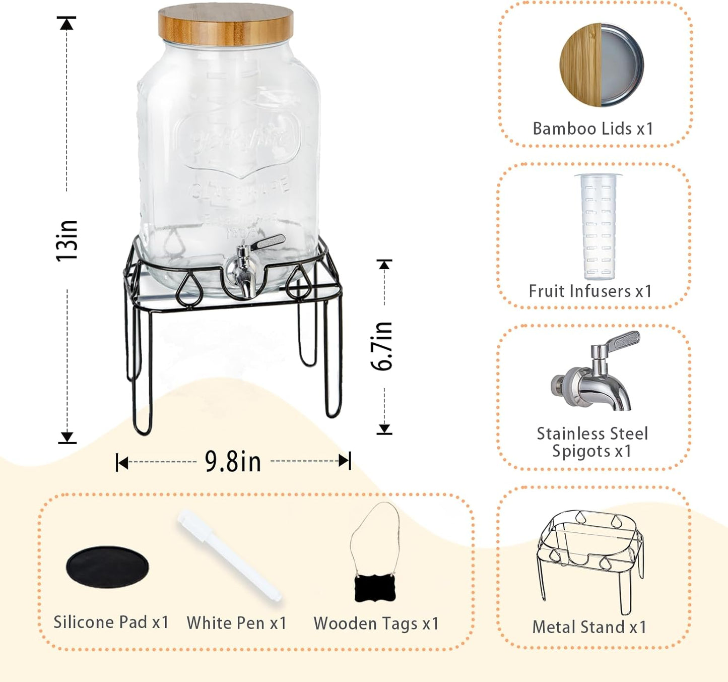 2 Gallon Glass Drink Dispenser with Stand and Bamboo Lid, Lemonade Dispenser with Stainless Steel Spigot, Glass Beverage Dispenser for Parties, Weddings, Kombucha, BBQ