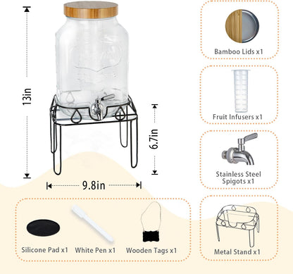 2 Gallon Glass Drink Dispenser with Stand and Bamboo Lid, Lemonade Dispenser with Stainless Steel Spigot, Glass Beverage Dispenser for Parties, Weddings, Kombucha, BBQ