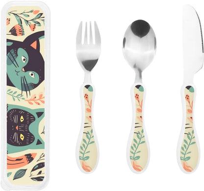 3-Piece Kids Silverware Set With Storage Case, Stainless Steel Reusable Children Safe Knife Spoon Fork Set Cute Kittens Children Flatware Set For Kids Lunch Box