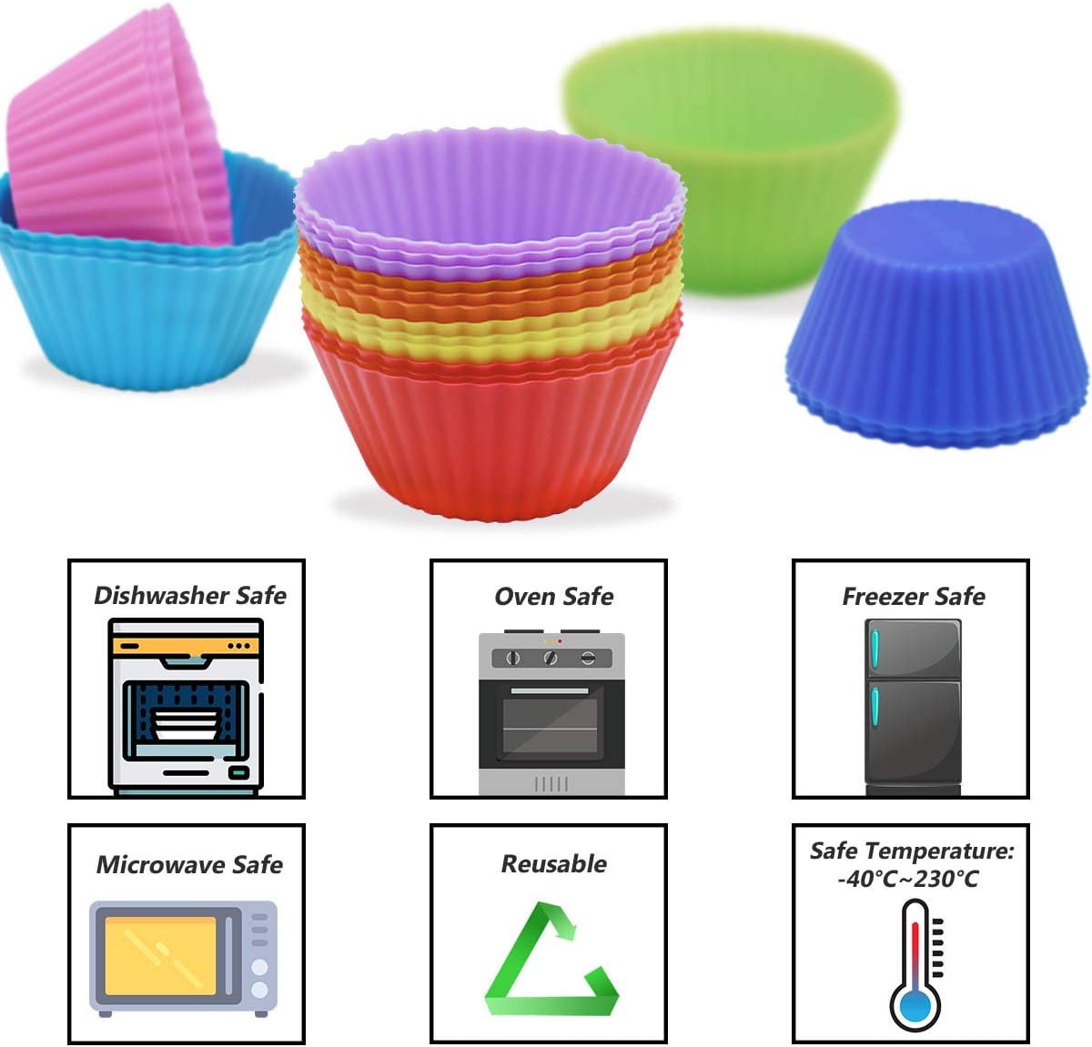24 Pack Silicone Baking Cups Reusable Muffin Liners Non-Stick Cup Cake Molds Set Cupcake Silicone Liner Standard Size Silicone Cupcake Holder Silicon Cups for Baking Bpa Free (4 Colors)