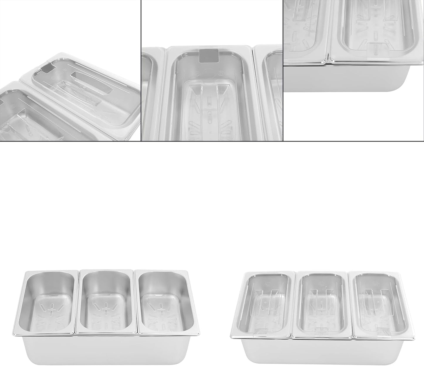 3/4/6 Compartment Stainless Steel Fruit Serving Set with Removable Acrylic Lids, Drainage Mats - Commercial Food Storage Containers for Buffet, Restaurant (3-Pan)