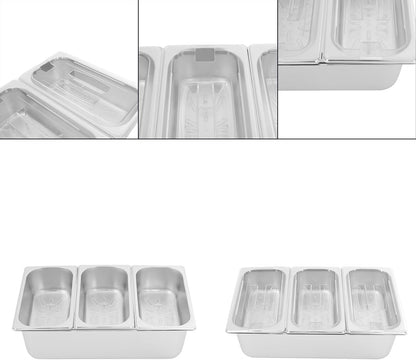 3/4/6 Compartment Stainless Steel Fruit Serving Set with Removable Acrylic Lids, Drainage Mats - Commercial Food Storage Containers for Buffet, Restaurant (3-Pan)