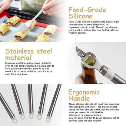 Kitchen Utensil Set-Silicone Cooking Utensils-33 Kitchen Gadgets & Spoons for Nonstick Cookware-Silicone and Stainless Steel Spatula Set-Best Kitchen Tools, Useful Pots (Khaki)