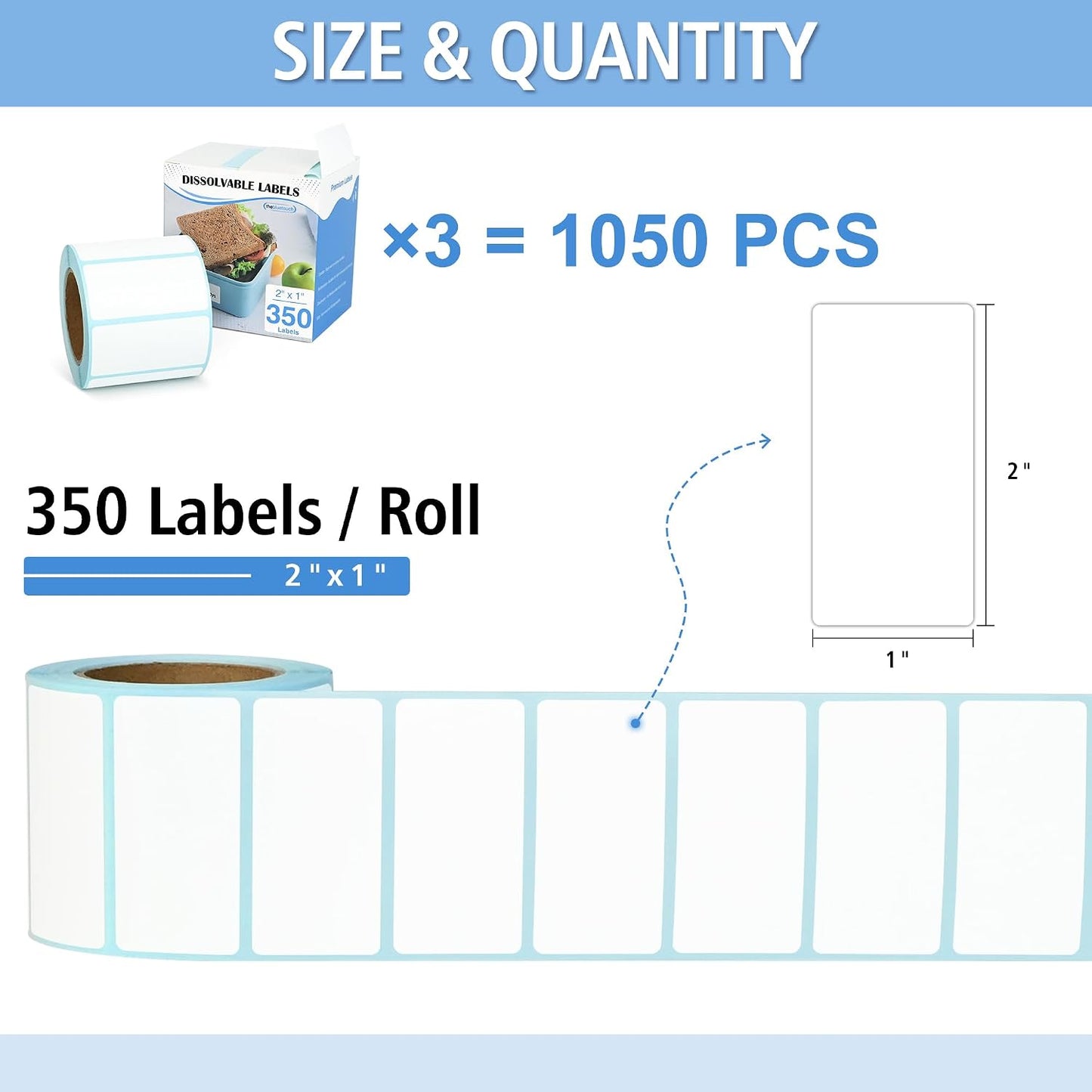 THEBLUETOUCH Dissolvable Food Labels with Dispenser - 1" x 2" Water Dissolving Labels, No Residue for Meal Prep & Food Storage Containers, 350 Count (1 Rolls of 350)