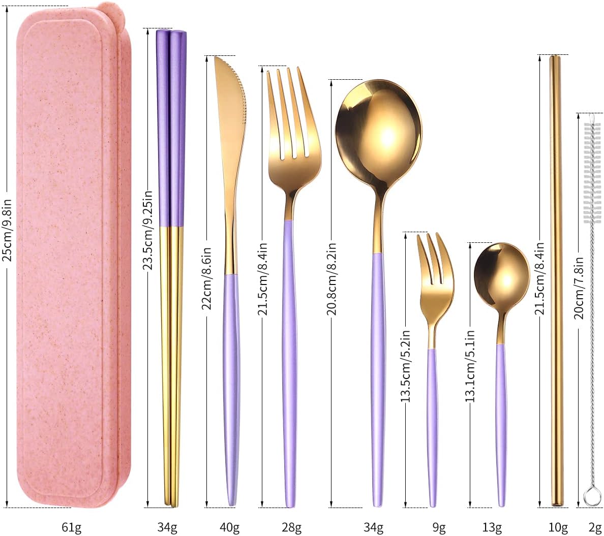 AARAINBOW 8 Pieces Stainless Steel Flatware Set Portable Reusable Cutlery Set Travel Utensils Set Including Chopsticks Knife Fork Spoon Straws Cleaning Brush Dishwasher Safe (Pink Golden)