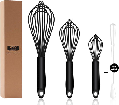 OYV Dishwasher Safe Silicone Whisk, Sealed Waterproof Design Set of 3, Professional Kitchen Whisks for Cooking Non-Scratch, Silicone & Stainless Steel Whisk, Heat Resistant Balloon Egg Beater, Black