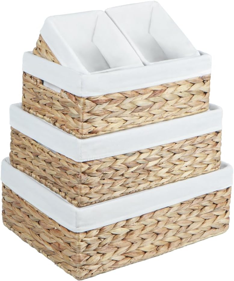 Water Hyacinth Shelf Baskets 4-Pack, Handwoven Wicker Bins with Removable Linen Liners – Divided Upper Compartment & Open Handles, Stackable for Pantry Bathroom Closet