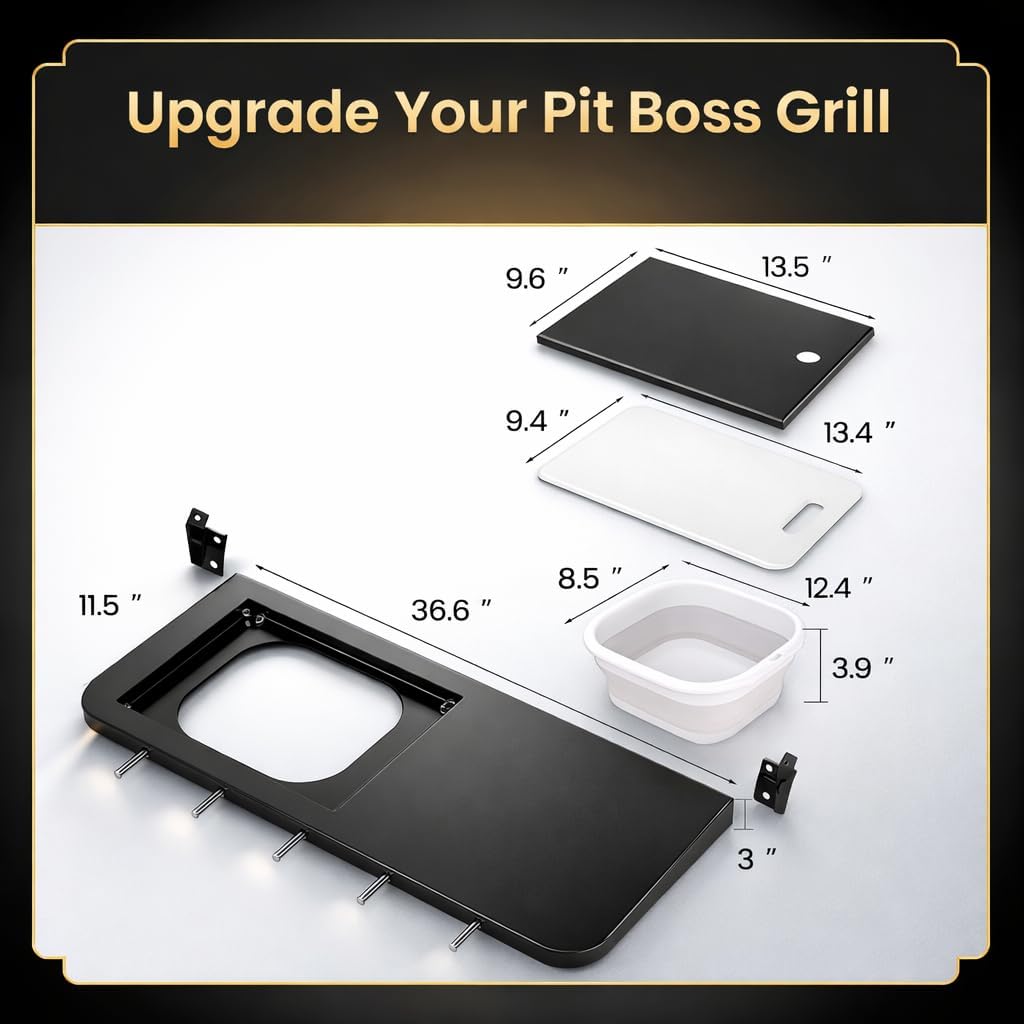 QuliMetal Folding Front Shelf for Traeger Pro 34, Texas Elite 34, Century 885 and Eastwood 34, 37" x 12" Heavy-Duty Grill Prep Table with Cutting Board, Stainless Steel Basin, Lid and 5 Hooks