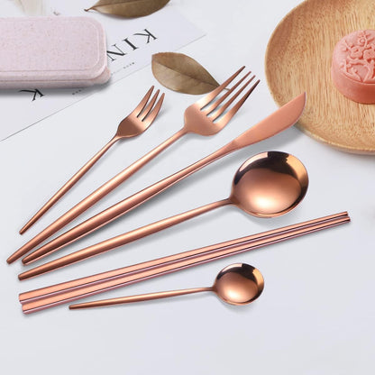 AARAINBOW 8 Pieces Stainless Steel Flatware Set Portable Reusable Cutlery Set Travel Utensils Set Including Chopsticks Knife Fork Spoon Straws Cleaning Brush Dishwasher Safe (Pink Golden)