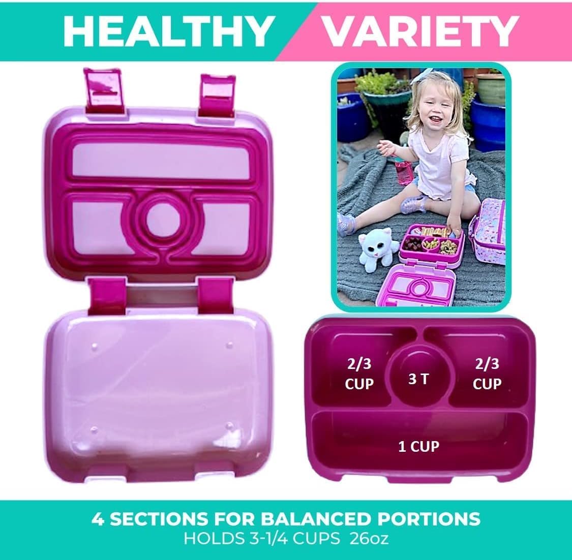Kids Lunch Box - Bento Box for Boys Toddler Daycare, 4 Portion Sections with Lid, Snack Container Pre-School Kid Lunches Toddlers Removable Tray BPA Free, 3+ Years Old, Blue Rocket Dinosaur