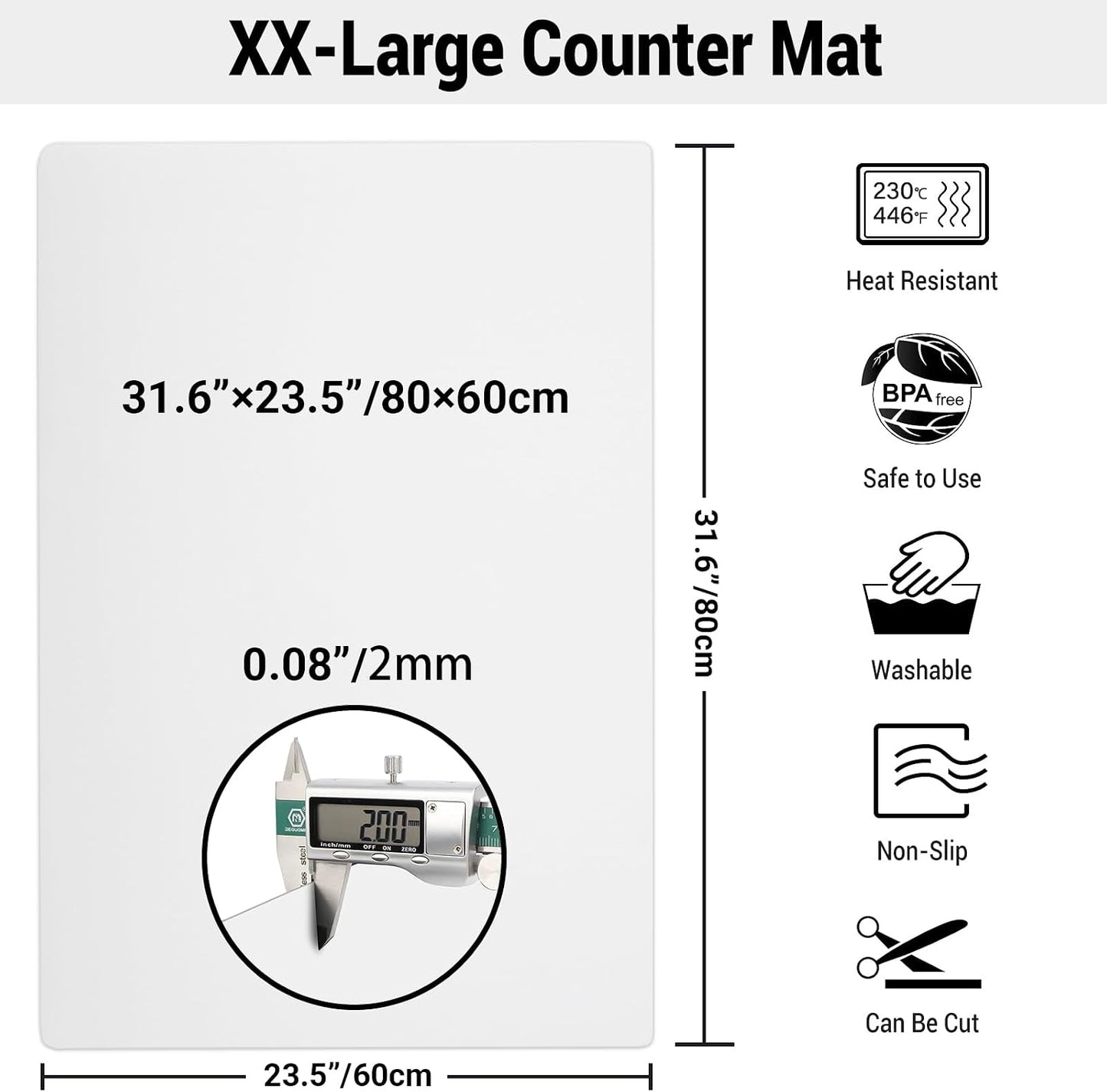 Ewen 25.6x17.7in Large Silicone Kitchen Counter Mat, 2mm Thick Heat Resistant Countertop Protector, Baking Silicone Mat under Air Fryer Toaster Oven Microwave Coffee Maker Cutting Board Drill Black