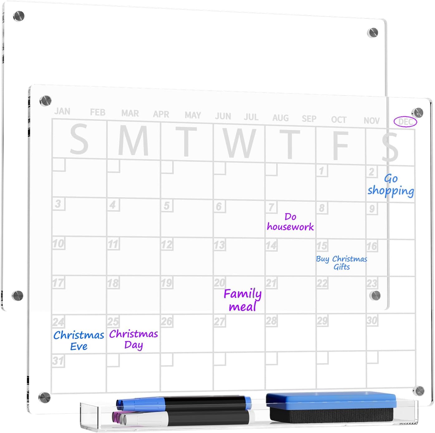 AITEE All-in-One Magnetic Dry Erase Board for Fridge, 2-Pack Acrylic Calendar & Memo Set with 6 Markers (3 Colors), Eraser, Holder, Reusable 16x12 Inch Planner