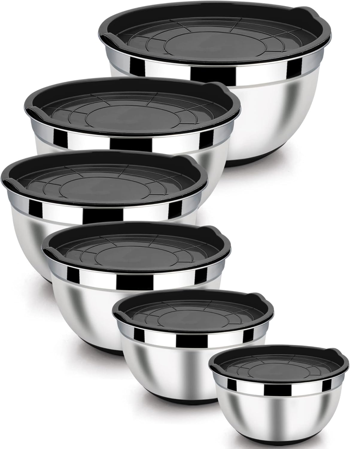 LIANYU Stainless Steel Mixing Bowls Sets of 6, Large 7, 3.5, 2.5, 2, 1.5, 1QT Size with Transparent Airtight Lids, Metal Nesting Serving Bowl Sets for Home Kitchen, Dishwasher & Freezer Safe, Black