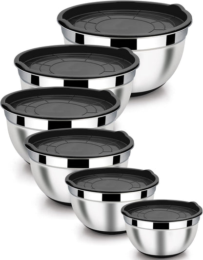 LIANYU Stainless Steel Mixing Bowls Sets of 6, Large 7, 3.5, 2.5, 2, 1.5, 1QT Size with Transparent Airtight Lids, Metal Nesting Serving Bowl Sets for Home Kitchen, Dishwasher & Freezer Safe, Black