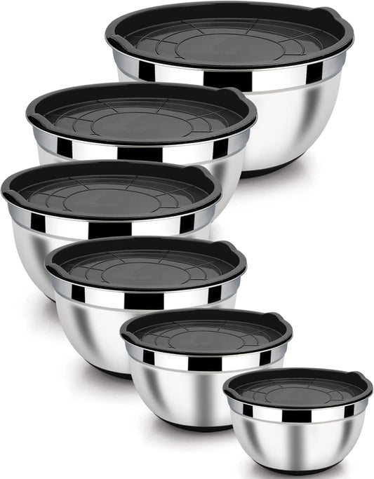 LIANYU Stainless Steel Mixing Bowls Sets of 6, Large 7, 3.5, 2.5, 2, 1.5, 1QT Size with Transparent Airtight Lids, Metal Nesting Serving Bowl Sets for Home Kitchen, Dishwasher & Freezer Safe, Black