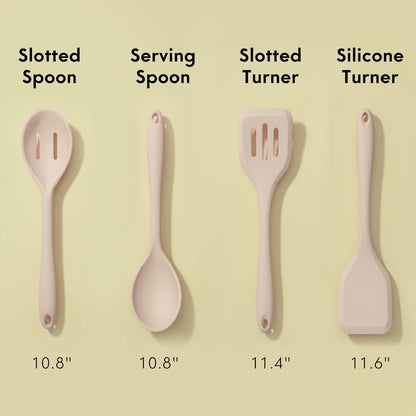 Non-Toxic Platinum Silicone Kitchen Utensil Set of 8 – Non-Scratch Cooking Spoons & Spatulas, 100% Plastic Free, Stainless Steel Core, Heat Resistant 500°F, Beige