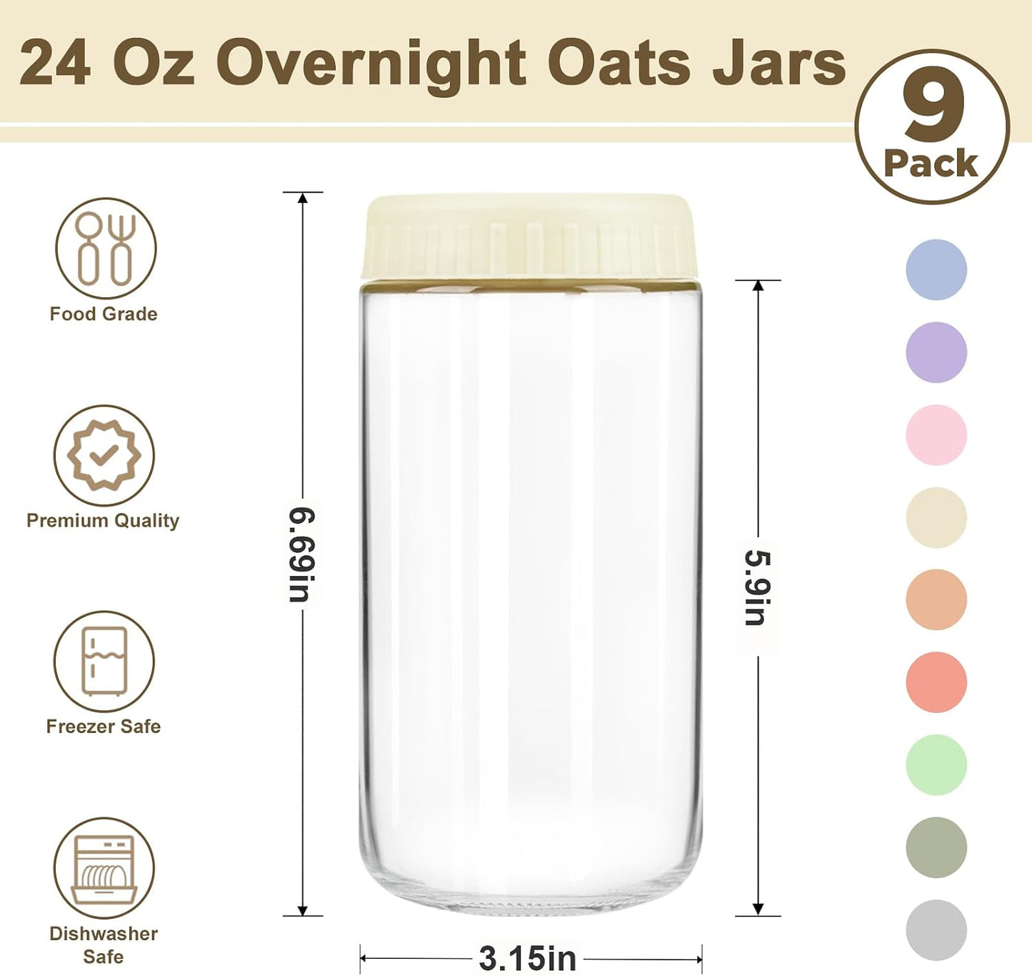 Overnight Oats Containers with Lids, 10oz Wide Mouth Mason Jars with Lids, 9 Pack Glass Jars with Airtight lid for Chia Pudding Yogurt Salad, Meal Prer Oatmeal Jars, Pink