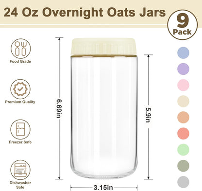Overnight Oats Containers with Lids, 10oz Wide Mouth Mason Jars with Lids, 9 Pack Glass Jars with Airtight lid for Chia Pudding Yogurt Salad, Meal Prer Oatmeal Jars, Pink