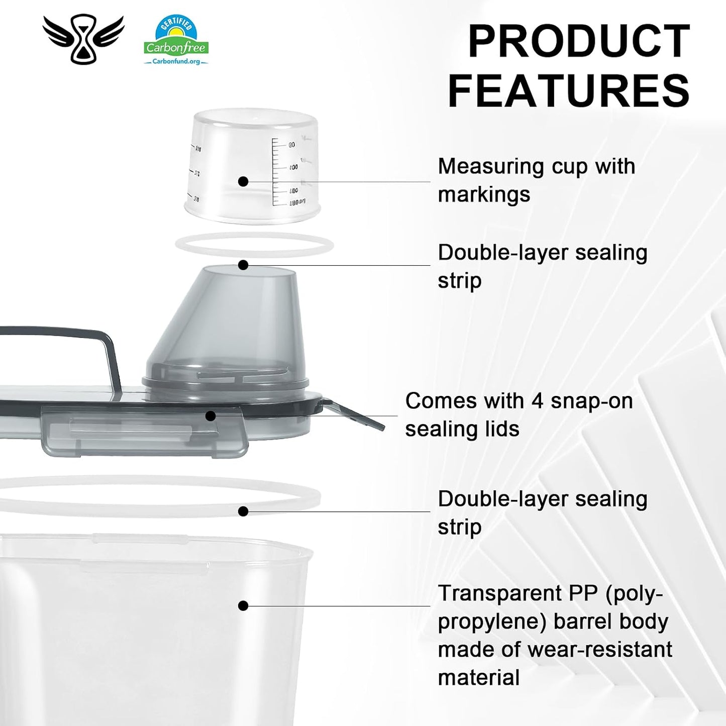 LEAWALK Airtight Rice Storage Container, 3-5Lbs Cereal Dry Food Flour Bin, Pet Dog Cat Food Dispenser with Measuring Cup, BPA Free Plastic Kitchen and Pantry Organization Bin for Sugar-Clear Grey