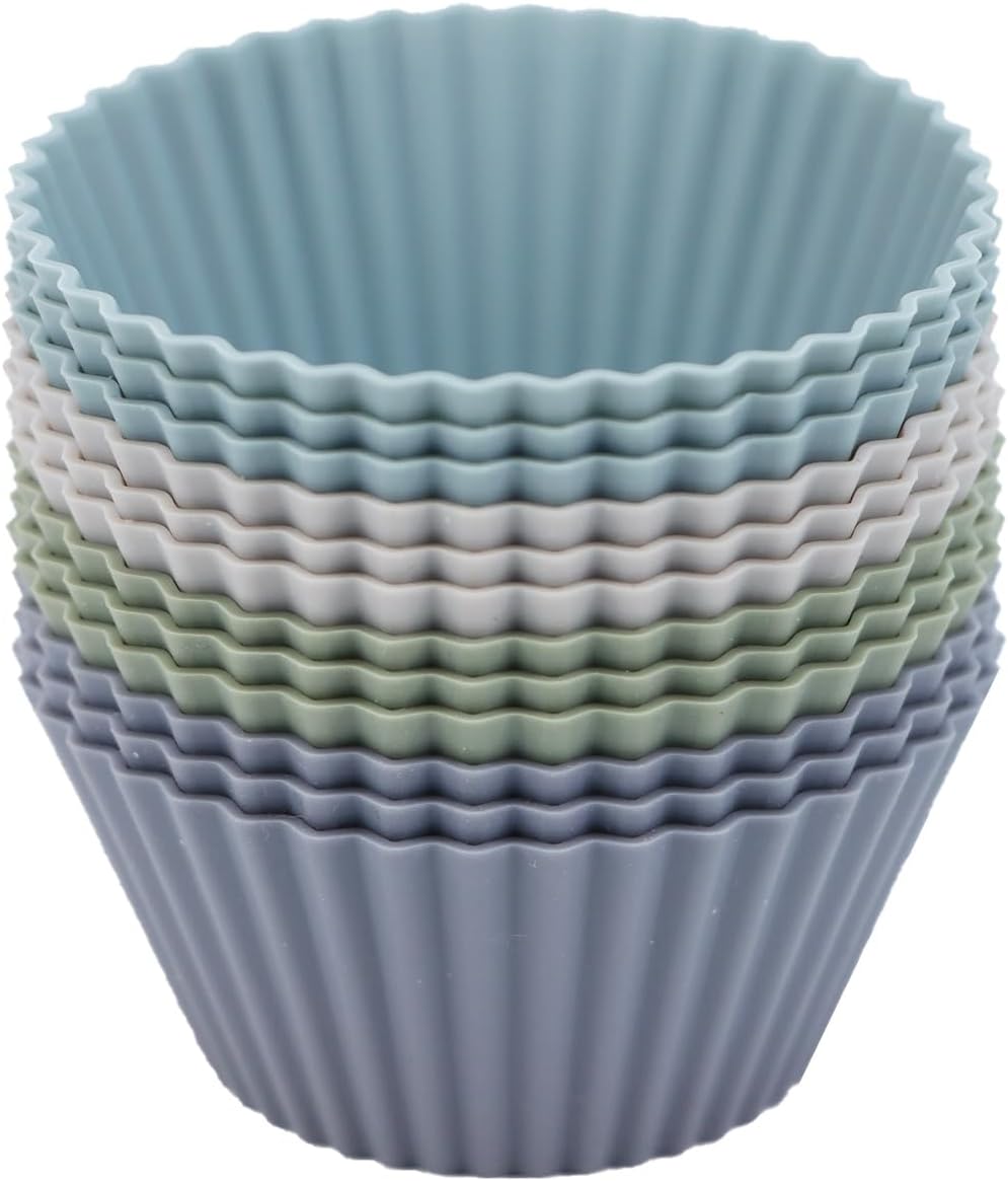 Silicone Baking Muffin Cups 12 Pack, Reusable Cupcake Liners Cake Molds, BPA Free, Dishwasher Safe(White, Green, Navy, Dusty Blue)