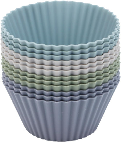 Silicone Baking Muffin Cups 12 Pack, Reusable Cupcake Liners Cake Molds, BPA Free, Dishwasher Safe(White, Green, Navy, Dusty Blue)