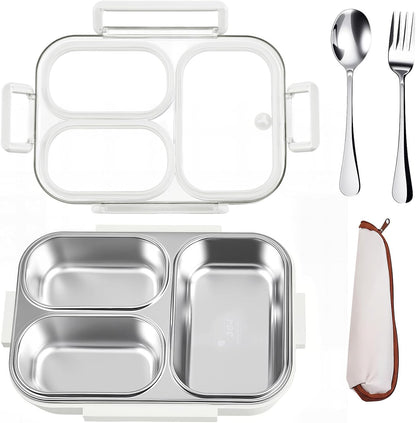 25oz 18/8 Stainless Steel Lunch Box Kit (Bento Box + Fork/Spoon) - 3 Leakproof Compartments - Metal Snack Box for Kids & Adults - School/Office/Travel - Dishwasher Safe (Beige)