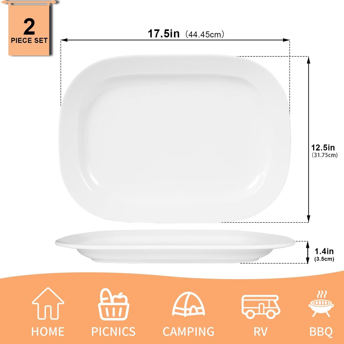 2 Pack Extra Large 17.5 Inch White Serving Trays – Reusable Melamine Platters for Parties, Snacks & Cookies, Durable Food Serving Dishes for Entertaining, Pantry & Kitchen Use White