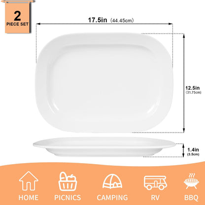 2 Pack Extra Large 17.5 Inch White Serving Trays – Reusable Melamine Platters for Parties, Snacks & Cookies, Durable Food Serving Dishes for Entertaining, Pantry & Kitchen Use White