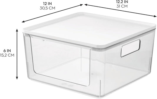 Rosanna Pansino x iDesign Recycled Plastic Open Front Kitchen Storage Bin with Lid, Clear Bin/Marshmallow Lid, 12" x 12" x 6"